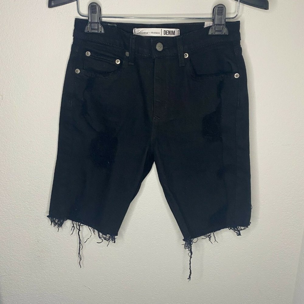 Lovers + Friends Women Black Distressed Nathan High Rise Long Shorts Size 25